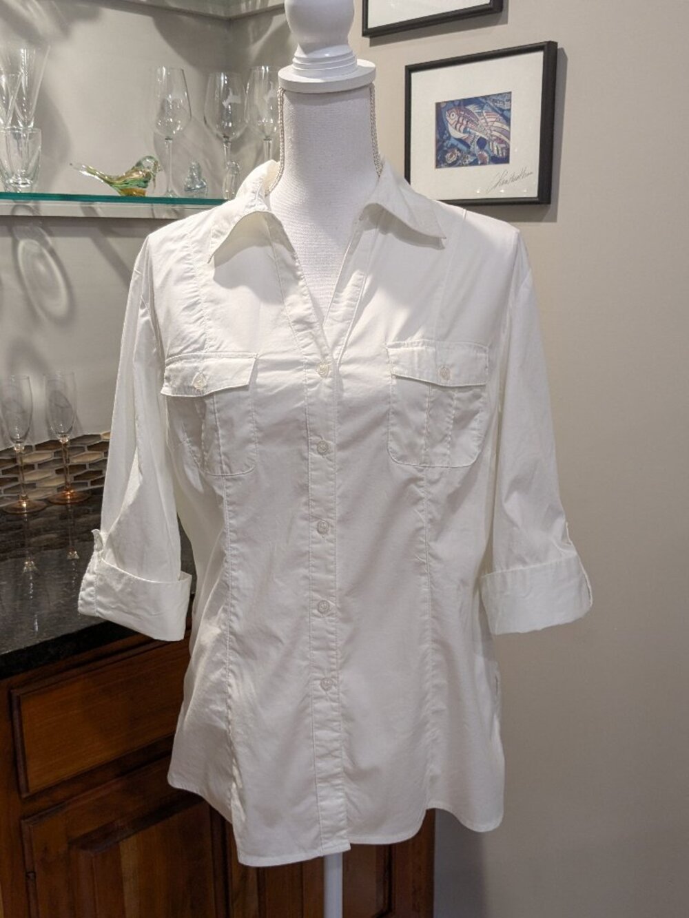 Grand & Green Roll Tab 3/4 Sleeve Tapered Fit Button Down White Shirt Pockets
